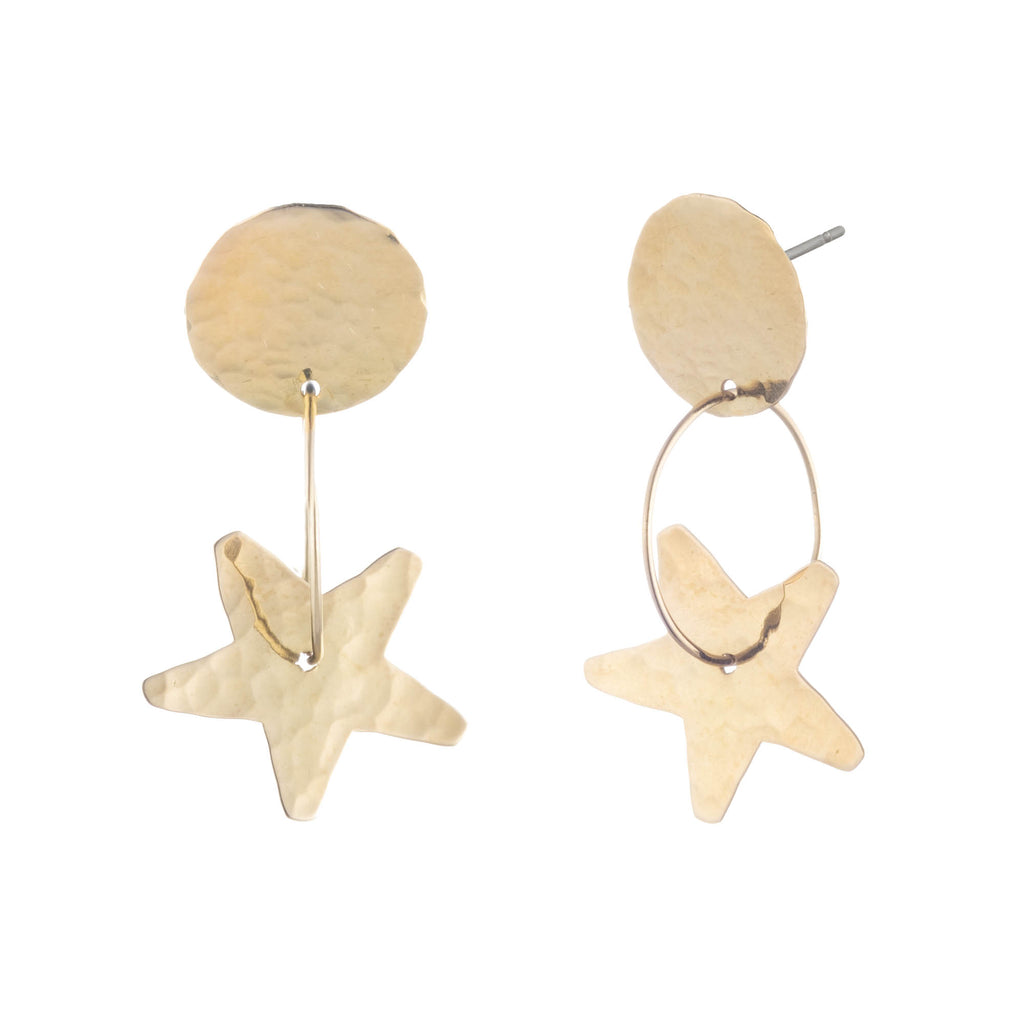 Hammered 18 Karat Yellow Gold Disc and Star Earrings