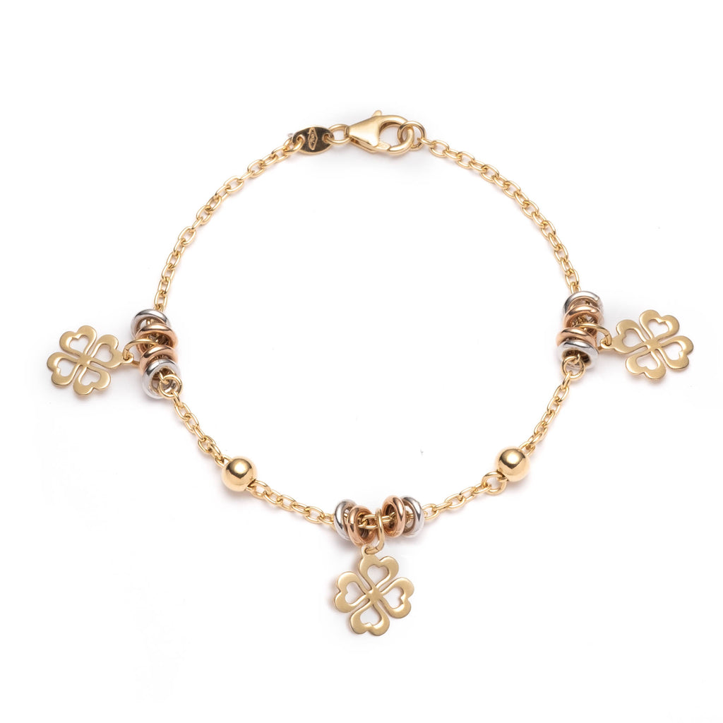 18 Karat Yellow Gold Bracelet with White and Rose Gold Rings and Clover Shaped Charms